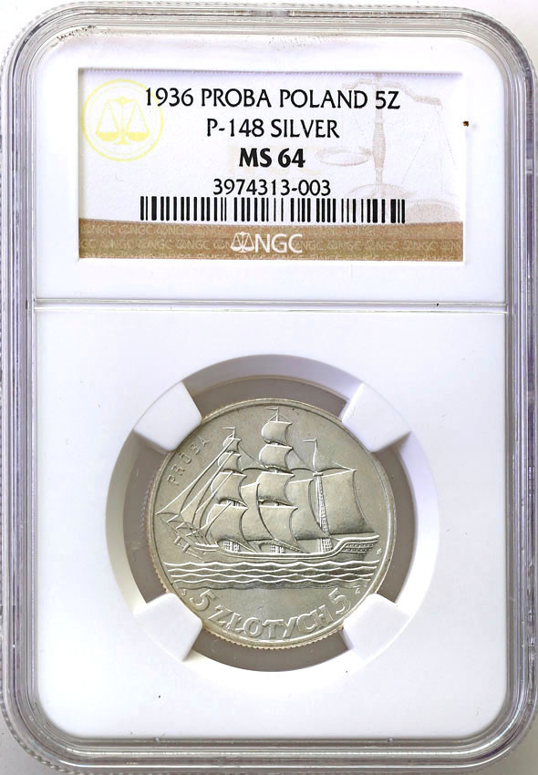 II RP. PRÓBA srebro 5 złotych 1936 żaglowiec - odmiana z kanciastą O - stempel zwykły NGC MS64 (MAX)